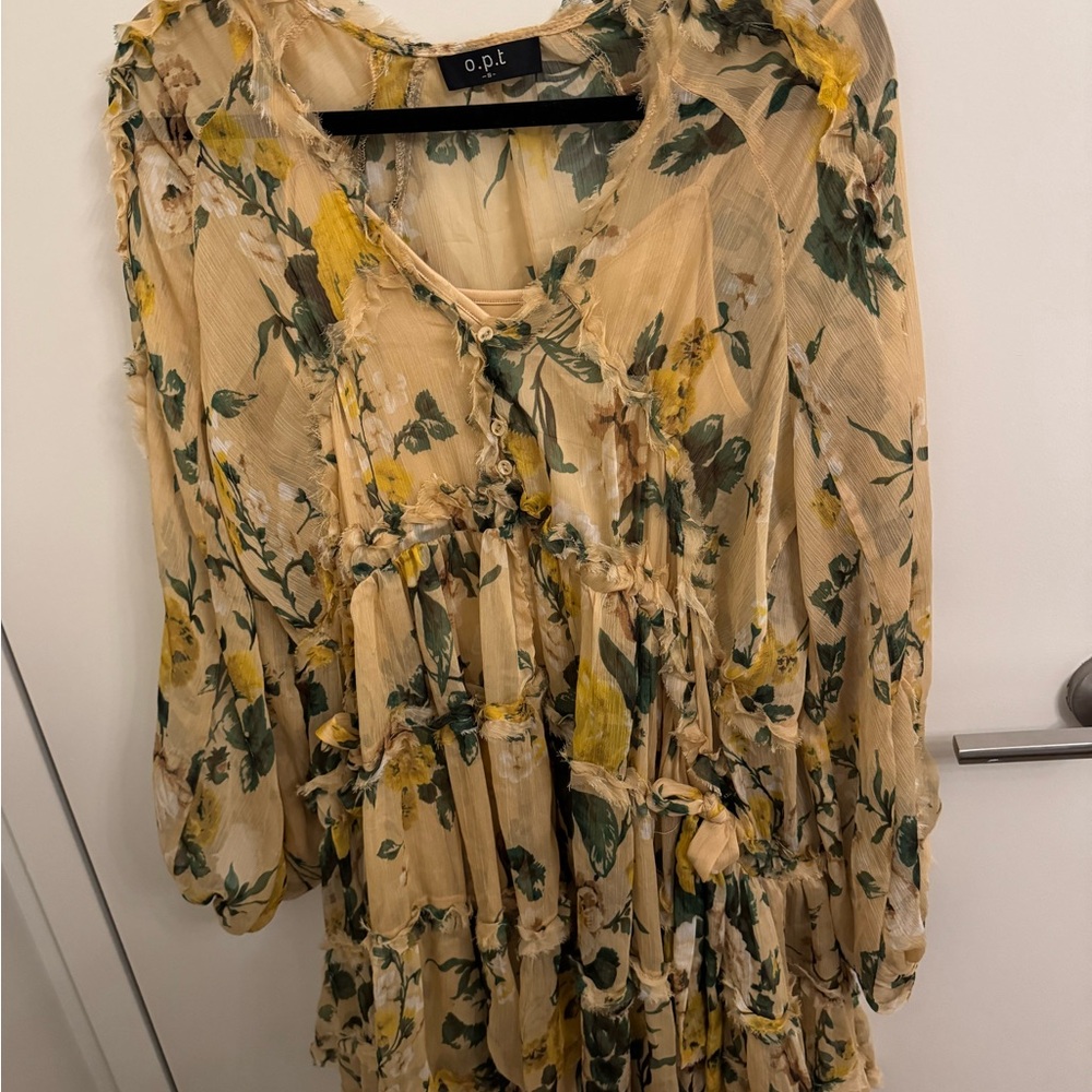 o.p.t Floral Tiered Cream Dress with Yellow & Green Print